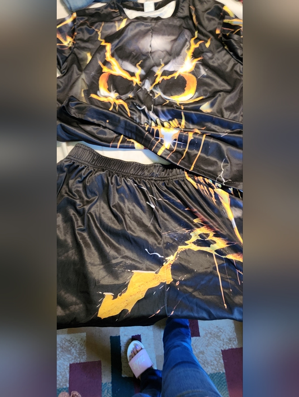 Black Satin Two-Piece Set with Yellow Orange Skull Print